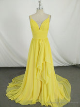 Simple V Neck Yellow Chiffon Long Prom Dress, Yellow Evening Dress